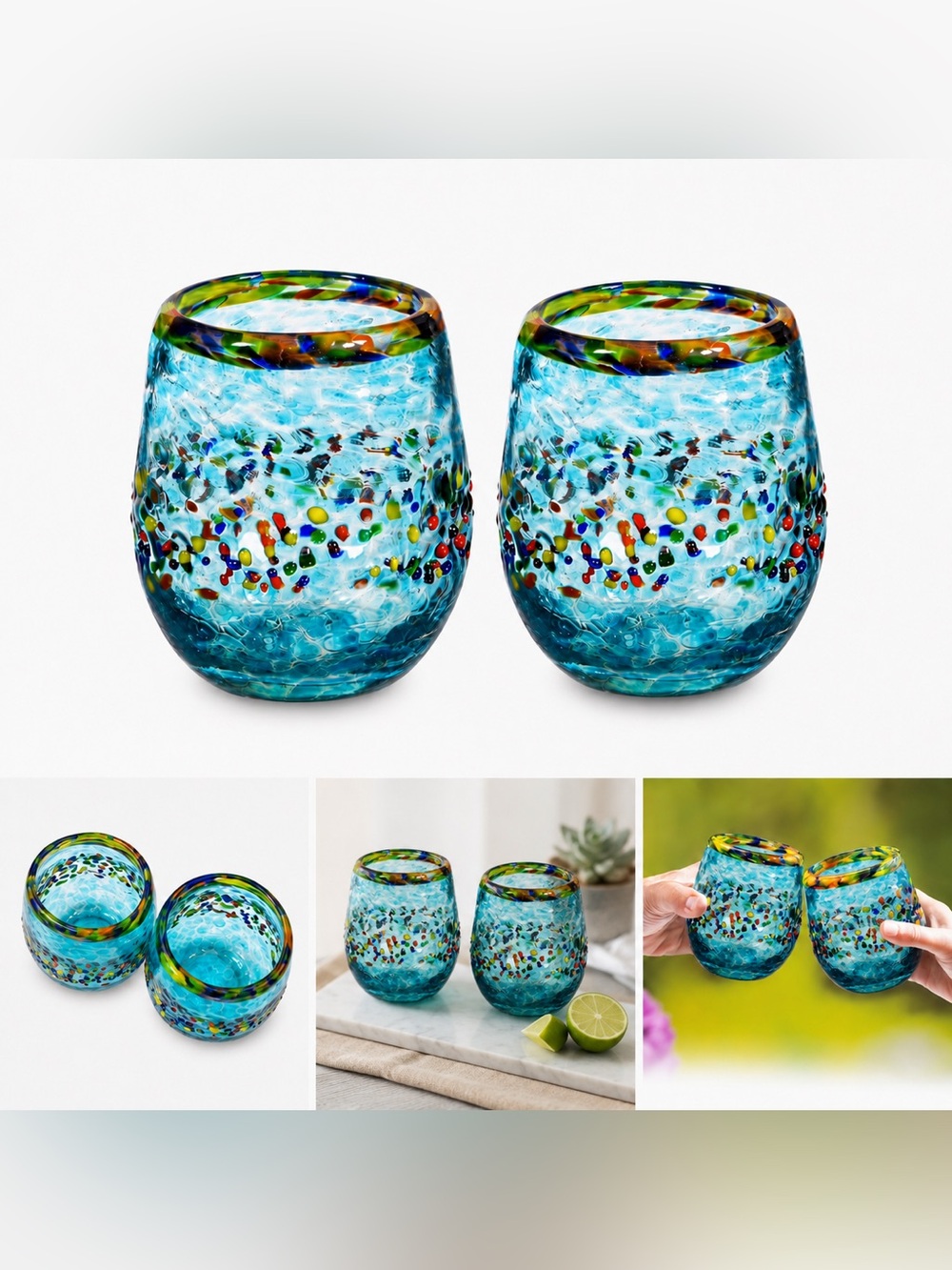 Hand Blown Mexican Recycled Glass Stemless Wine Glasses Set of 2 Aqua Confetti